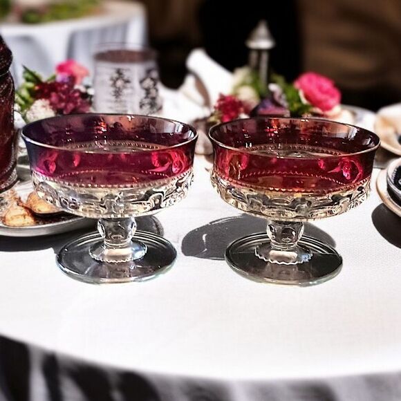 2 Kings Crown Thumbprint Sherbet Dishes Dish Set Ruby Red Flash Indiana Glass - Picture 10 of 16